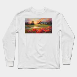 Farmhouse and field of poppies at sunset Long Sleeve T-Shirt